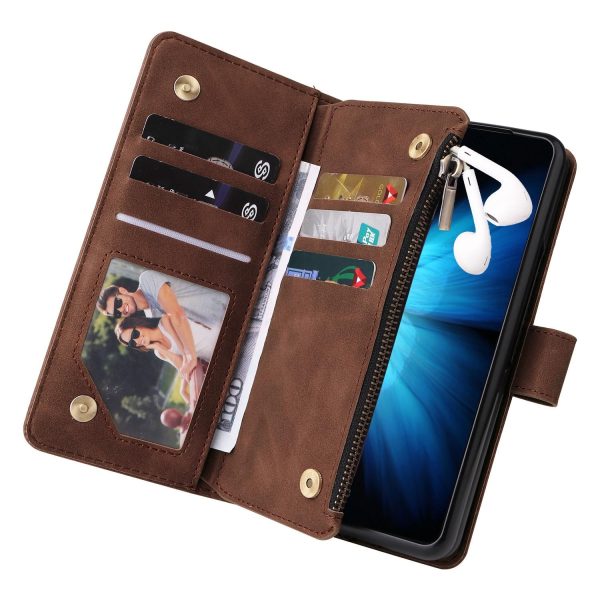 Frosted Leather Zip Wallet for Samsung Galaxy z Fold 4 - Compact and Stylish - Coffee - Image 7
