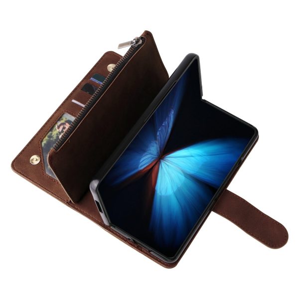 Frosted Leather Zip Wallet for Samsung Galaxy z Fold 4 - Compact and Stylish - Coffee - Image 8
