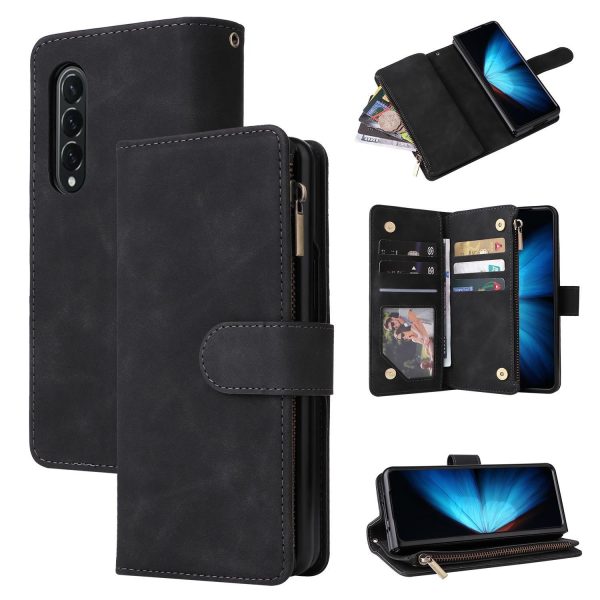 Frosted Leather Zip Wallet for Samsung Galaxy z Fold 4 - Compact and Stylish - Coffee - Image 9