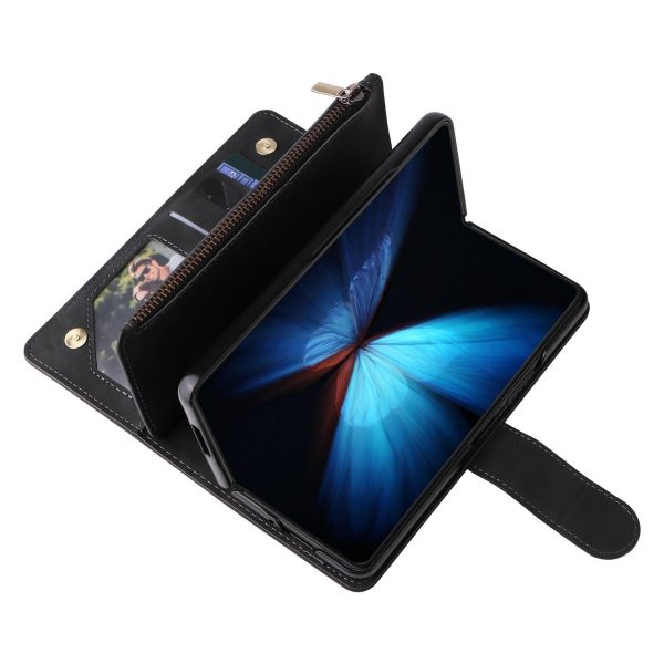 Frosted Leather Zip Wallet for Samsung Galaxy z Fold 4 - Compact and Stylish - Coffee - Image 15