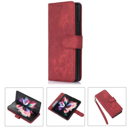Samsung Galaxy z Fold 4 Leather Phone Case with Pen Slot - Horizontal Flip - Red