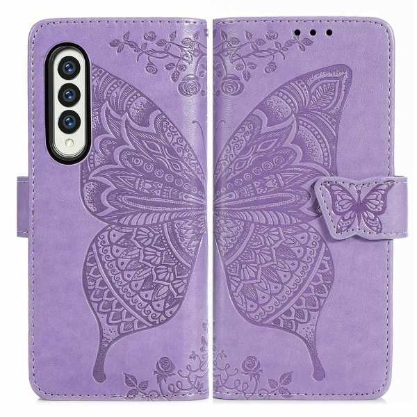 Embossed Butterfly Love Leather Case for Samsung Galaxy z Fold 4 - Flower Design - Light Purple - Image 14