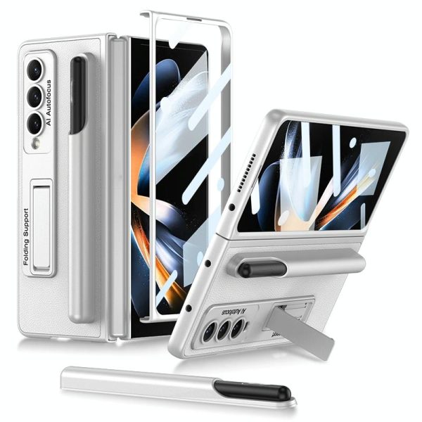 Leather Case with Holder & Pen Slots for Samsung Galaxy z Fold 4 - Thin & Shockproof - Gold - Image 2