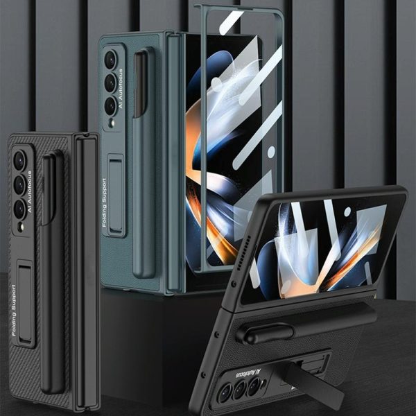 Leather Case with Holder & Pen Slots for Samsung Galaxy z Fold 4 - Thin & Shockproof - Gold - Image 3