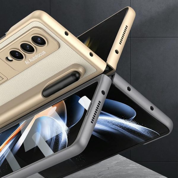 Leather Case with Holder & Pen Slots for Samsung Galaxy z Fold 4 - Thin & Shockproof - Gold - Image 6