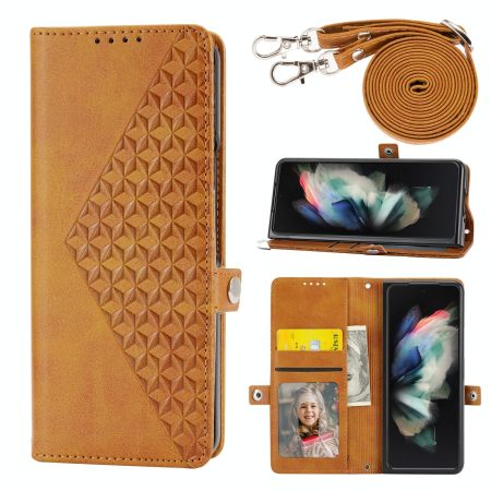 Leather Grid Texture Phone Case with Lanyard for Samsung Galaxy z Fold 4 - Yellow