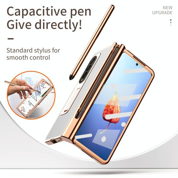 Premium Litchi Leather Hinged Phone Case for Samsung Galaxy z Fold 4 - with Pen - White - Image 11