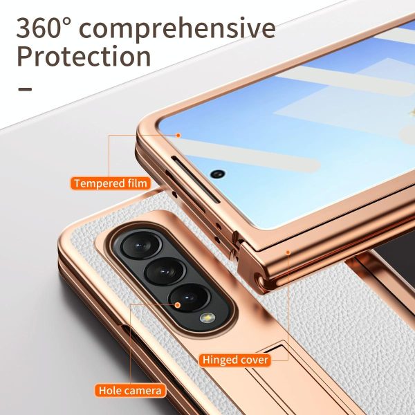 Premium Litchi Leather Hinged Phone Case for Samsung Galaxy z Fold 4 - with Pen - White - Image 12