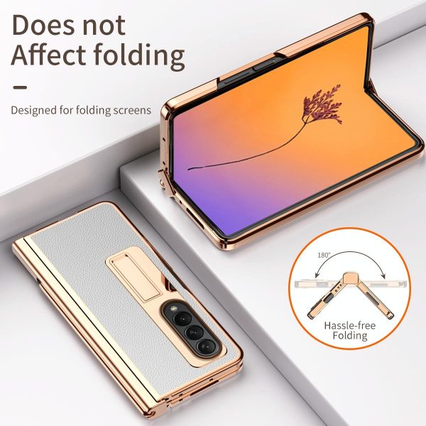 Premium Litchi Leather Hinged Phone Case for Samsung Galaxy z Fold 4 - with Pen - White - Image 14