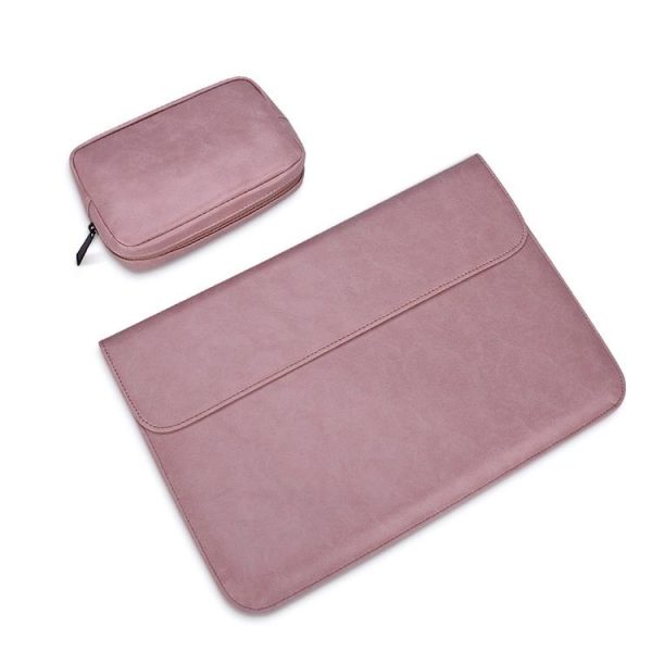 14.1 Inch Laptop Inner Bag with Magnetic Buckle and Small Bag - Pink Leather - Image 3