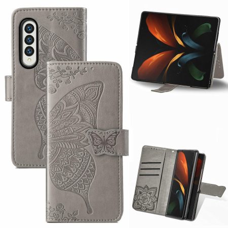 Embossed Butterfly Love Leather Case for Samsung Galaxy z Fold 4 - Flower Design - Gray