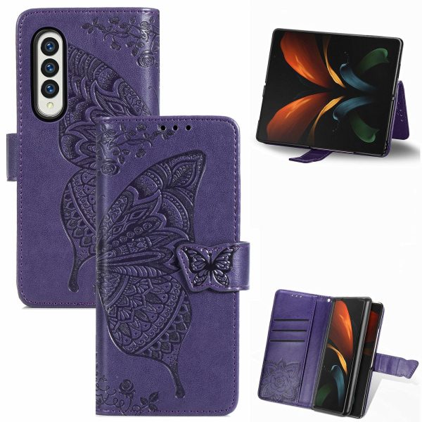 Embossed Butterfly Love Leather Case for Samsung Galaxy z Fold 4 - Flower Design - Gray - Image 7