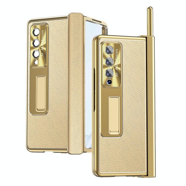 Shockproof Magnetic Litchi Pattern Phone Case for Samsung Galaxy z Fold 4 - Blue Gold - Image 3