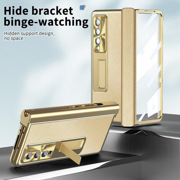 Shockproof Magnetic Litchi Pattern Phone Case for Samsung Galaxy z Fold 4 - Blue Gold - Image 7
