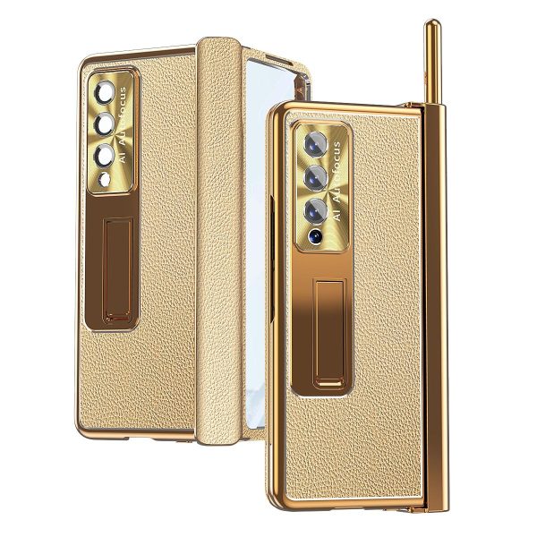Shockproof Magnetic Litchi Pattern Phone Case for Samsung Galaxy z Fold 4 - Blue Gold - Image 9