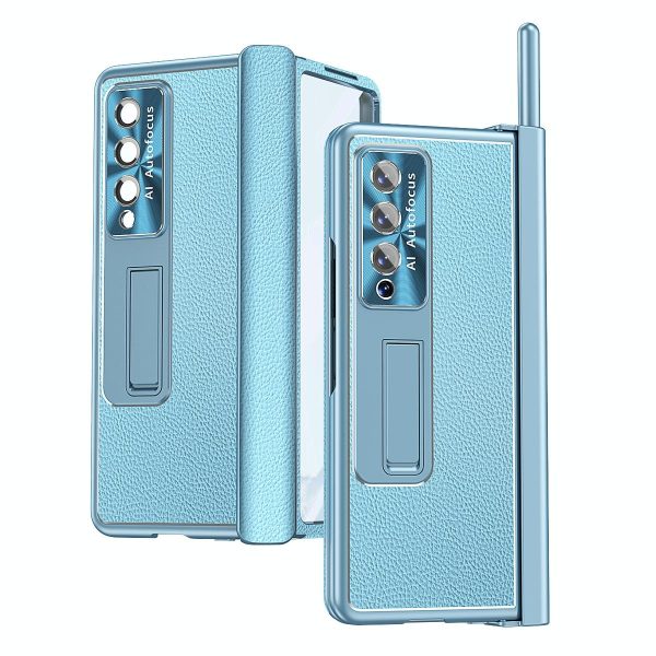 Shockproof Magnetic Litchi Pattern Phone Case for Samsung Galaxy z Fold 4 - Blue Gold - Image 11