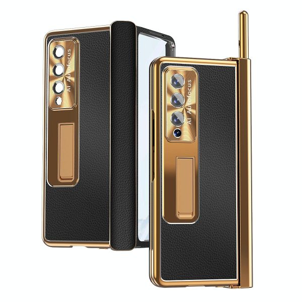 Shockproof Magnetic Litchi Pattern Phone Case for Samsung Galaxy z Fold 4 - Blue Gold - Image 14