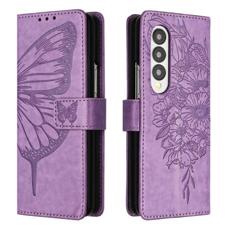 For Samsung Galaxy z Fold4 5G Butterfly Embossed Leather Phone Case - Light Purple