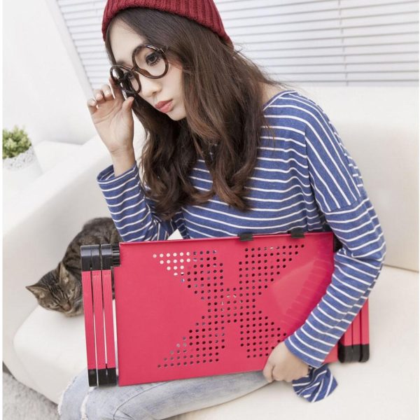 Adjustable Foldable Laptop Stand with Fans & Mouse Pad - Portable Aluminum Alloy - Magenta - Image 9