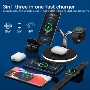 15W 3 In 1 Magnetic Wireless Charger For Phones Watches And Airpods With Led Light - White - Image 9