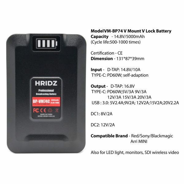 HRIDZ VM-BP74 V Lock V Mount Battery - 74Wh 14.8V 5000mAh Li-ion Battery - Image 5