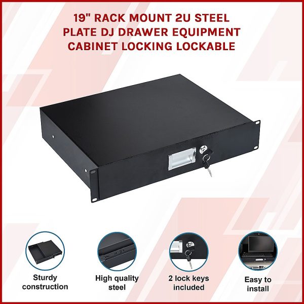 19" Rack Mount 2U Steel Plate DJ Drawer Equipment Cabinet Locking Lockable - Image 3