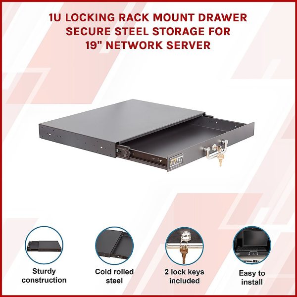 1U Locking Rack Mount Drawer Secure Steel Storage for 19" Network Server - Image 3