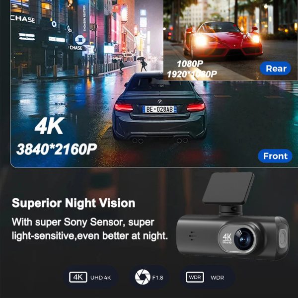 New 4K Car Dash Cam – Front and Rear Dual Recording, Wi-Fi Connectivity, GPS Tracking, 1080P + 4K Resolution - Image 2