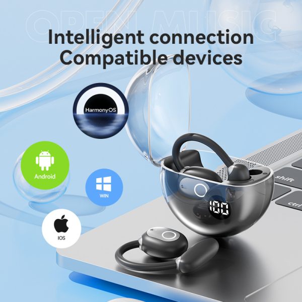 Black M80 Transparent OWS Over-Ear Bluetooth Earphones - Wireless, Clear Sound, Stylish Design - Image 5