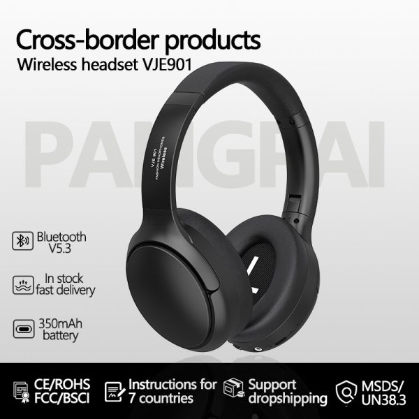 Black VJE901 Wireless Bluetooth Over-Ear Headphones with Active Noise Cancelling - Image 2