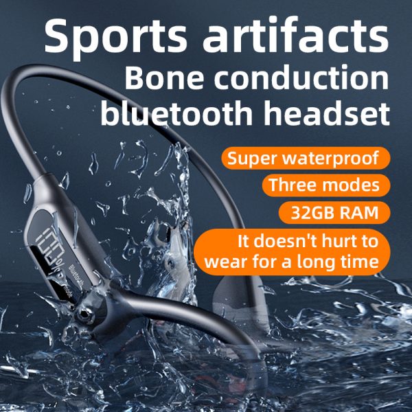 Black Waterproof Bone Conduction Bluetooth Headset - 32GB Memory, Lightweight & Durable for Sports - Image 2