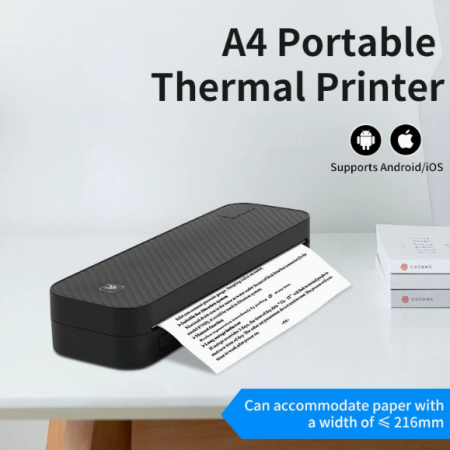 Black A4 Portable Thermal Printer for Android/iOS - Compact and Wireless, Supports Paper Width ≤ 216mm