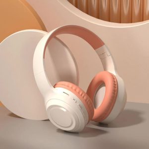 Off White and Orange Wireless Headphones - 400mAh, 16H Playtime, SD Card & Aux Support - Image 1