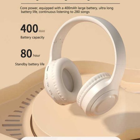 Off White and Orange Wireless Headphones - 400mAh, 16H Playtime, SD Card & Aux Support - Image 2