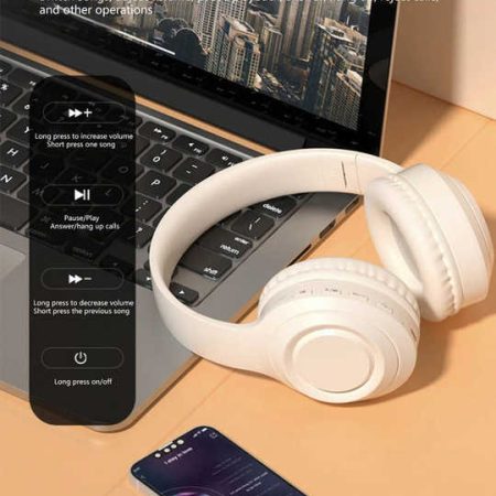 Off White and Orange Wireless Headphones - 400mAh, 16H Playtime, SD Card & Aux Support - Image 3