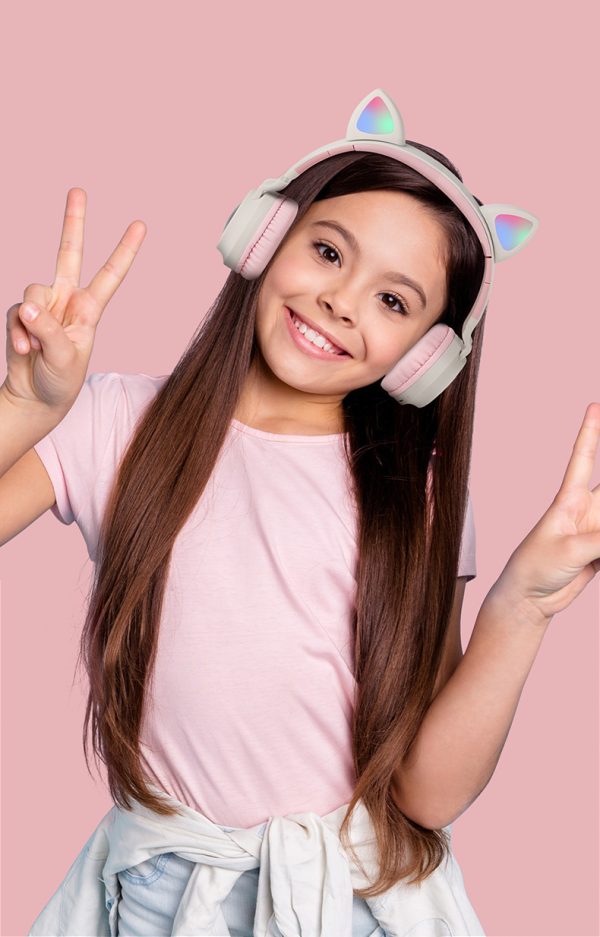 Adorable Cat Ear Wireless Headphones - Bluetooth 5.0, Foldable Design, Glowing RGB LED Lights - Cute Grey  Headset - Image 5