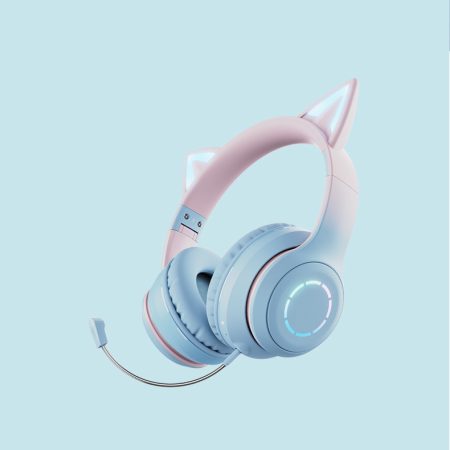 Blue Wireless Cat Ear Headphones with RGB Lights & Detachable Mic - Bluetooth 5.1