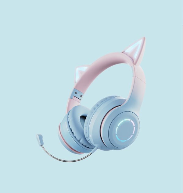 Blue Wireless Cat Ear Headphones with RGB Lights & Detachable Mic - Bluetooth 5.1