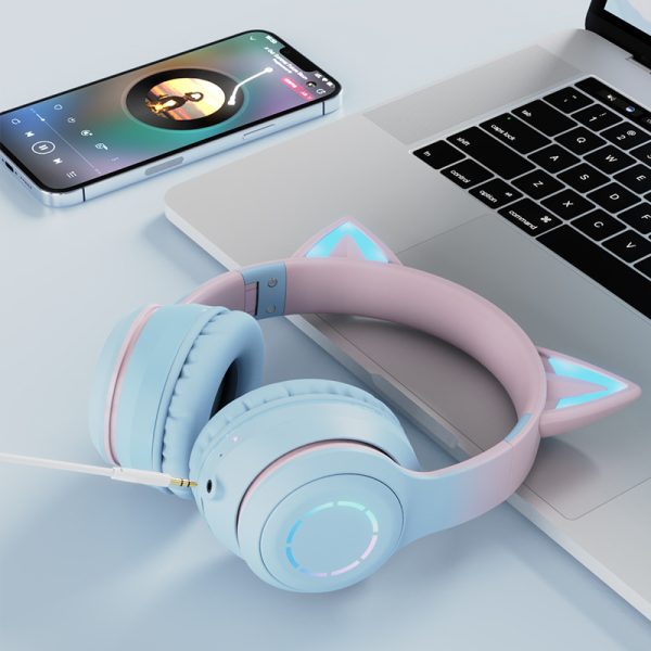 Blue Wireless Cat Ear Headphones with RGB Lights & Detachable Mic - Bluetooth 5.1 - Image 4