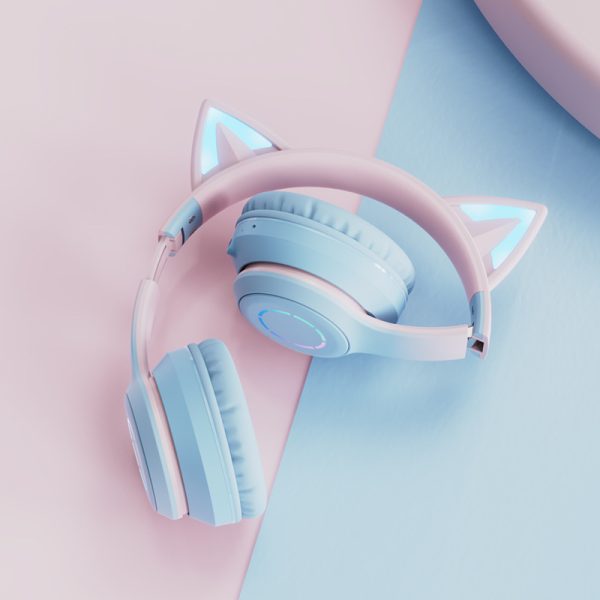 Blue Wireless Cat Ear Headphones with RGB Lights & Detachable Mic - Bluetooth 5.1 - Image 5