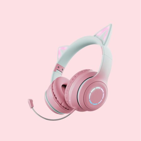 Pink Wireless Cat Ear Headphones with RGB Lights & Detachable Mic - Bluetooth 5.1