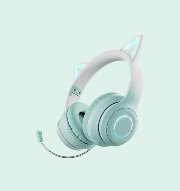 Green Wireless Cat Ear Headphones with RGB Lights & Detachable Mic - Bluetooth 5.1