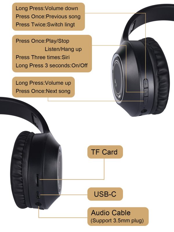 Black Bluetooth 5.2 Headphones - Foldable, Adjustable Headband, TF Card - Image 2