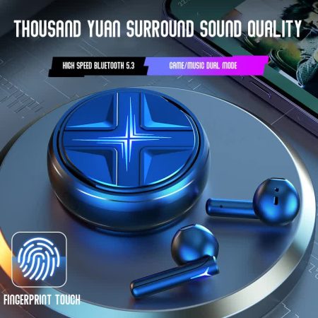 Blue Bluetooth 5.3 Wireless Earbuds - Hi-Fi Audio, Comfortable In-Ear, Fingerprint Touch