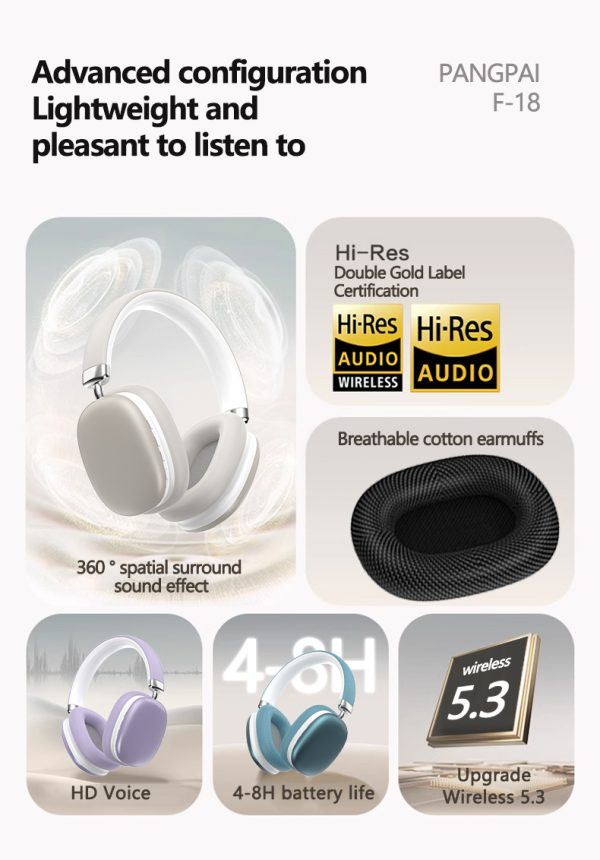 Beige Wireless Bluetooth Headphones - Over-Ear, Deep Bass, Foldable, Long Battery Life - Image 4