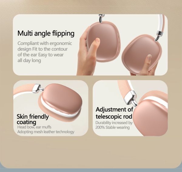 Beige Wireless Bluetooth Headphones - Over-Ear, Deep Bass, Foldable, Long Battery Life - Image 8