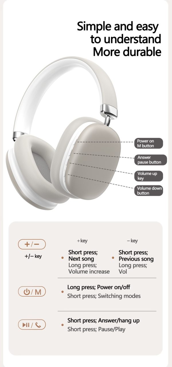 Beige Wireless Bluetooth Headphones - Over-Ear, Deep Bass, Foldable, Long Battery Life - Image 15