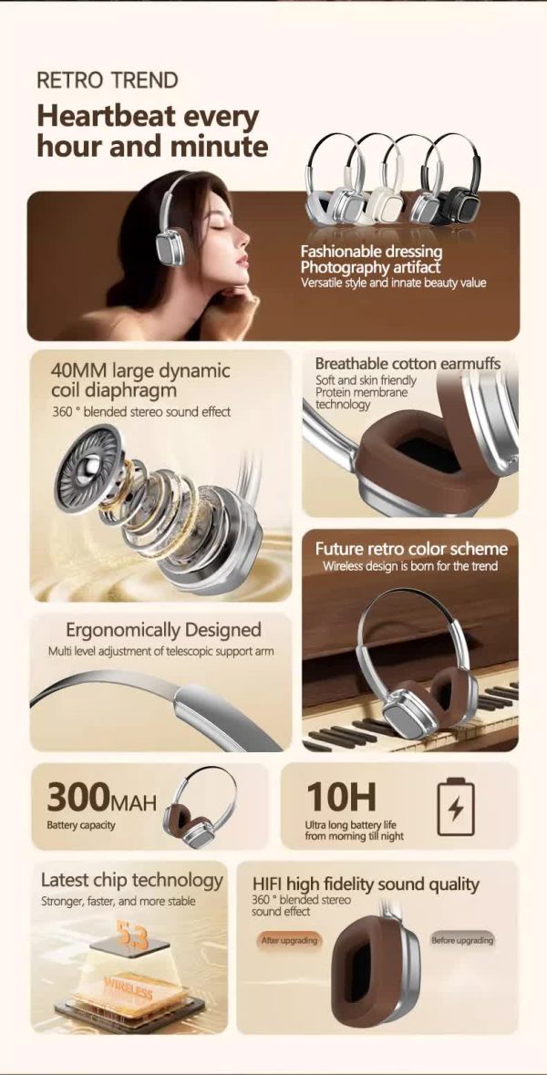 Black Compact Retro Headphones - Wireless Bluetooth, Deep Bass, Immersive Sound - Image 3