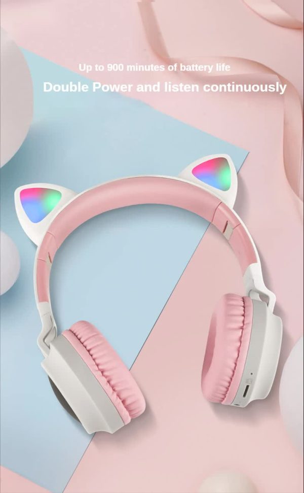 Light Grey And Pink Cat Ear Bluetooth Headphones with LED Lights - Wireless, Foldable - Image 2