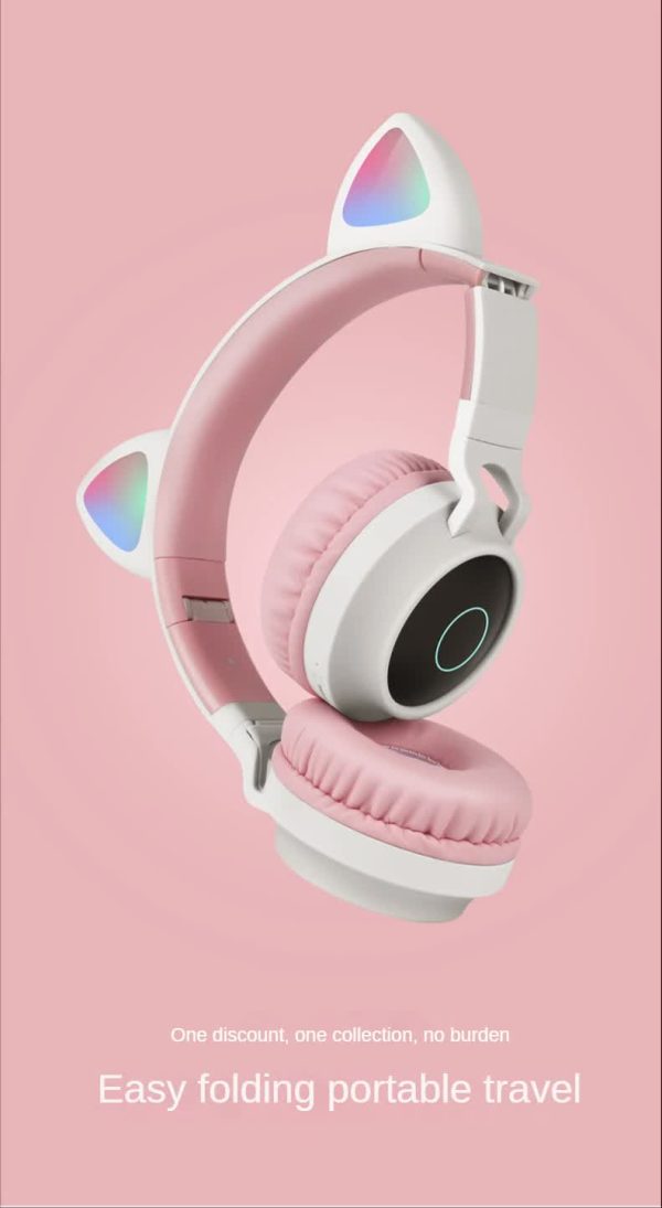 Light Grey And Pink Cat Ear Bluetooth Headphones with LED Lights - Wireless, Foldable - Image 3